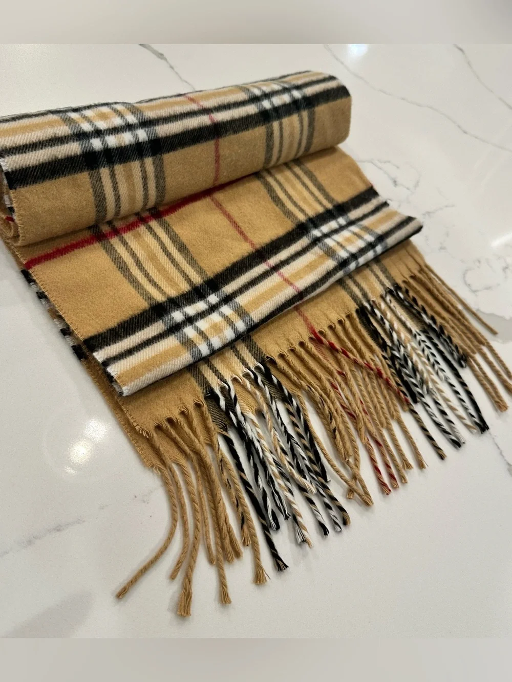 V. Fraas Cashmink Plaid Scarf Tan Red Black Fringed Made In Germany Soft Vintage